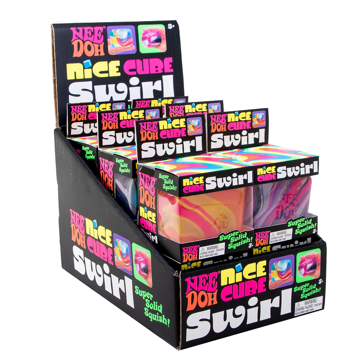 NeeDoh Nice Cube Swirl display box with colorful, square squishy toys in swirled patterns.