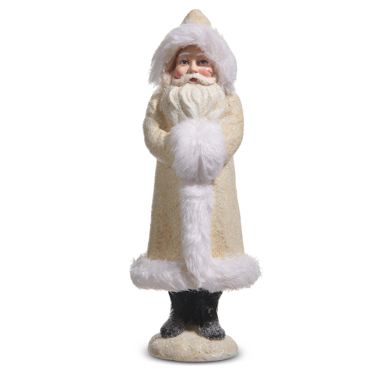 11-inch Ivory Old World Santa figurine with glittered coat, white faux fur trim, and black boots.