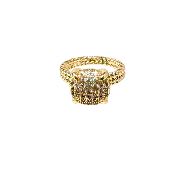 Gold-toned fashion statement ring with a textured braided band and a square pavé-set center.