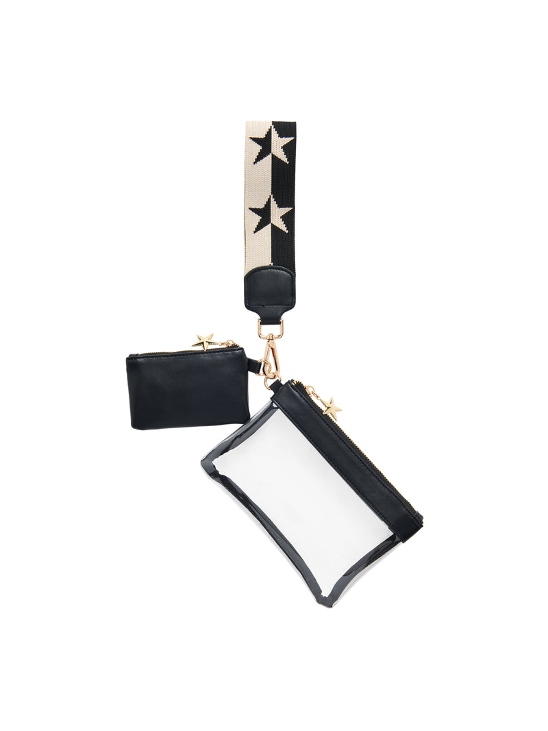 Spectator Wristlet with a clear pouch, black PU pouch, and star-patterned wrist strap.