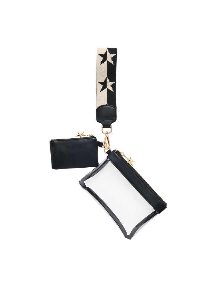 Spectator Wristlet with a clear pouch, black PU pouch, and star-patterned wrist strap.