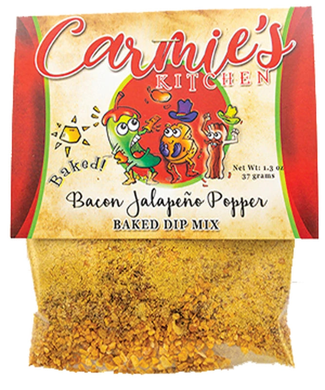 Carmie's Kitchen Baked Bacon Jalapeño Popper Dip Mix in a 1.3 oz clear packet with colorful label.