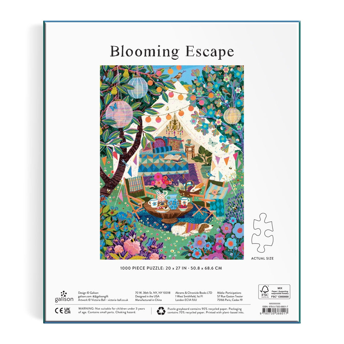 Victoria Ball Blooming Escape puzzle box showing a whimsical outdoor scene with a canvas tent, lush blooms, lanterns, and gentle creatures.