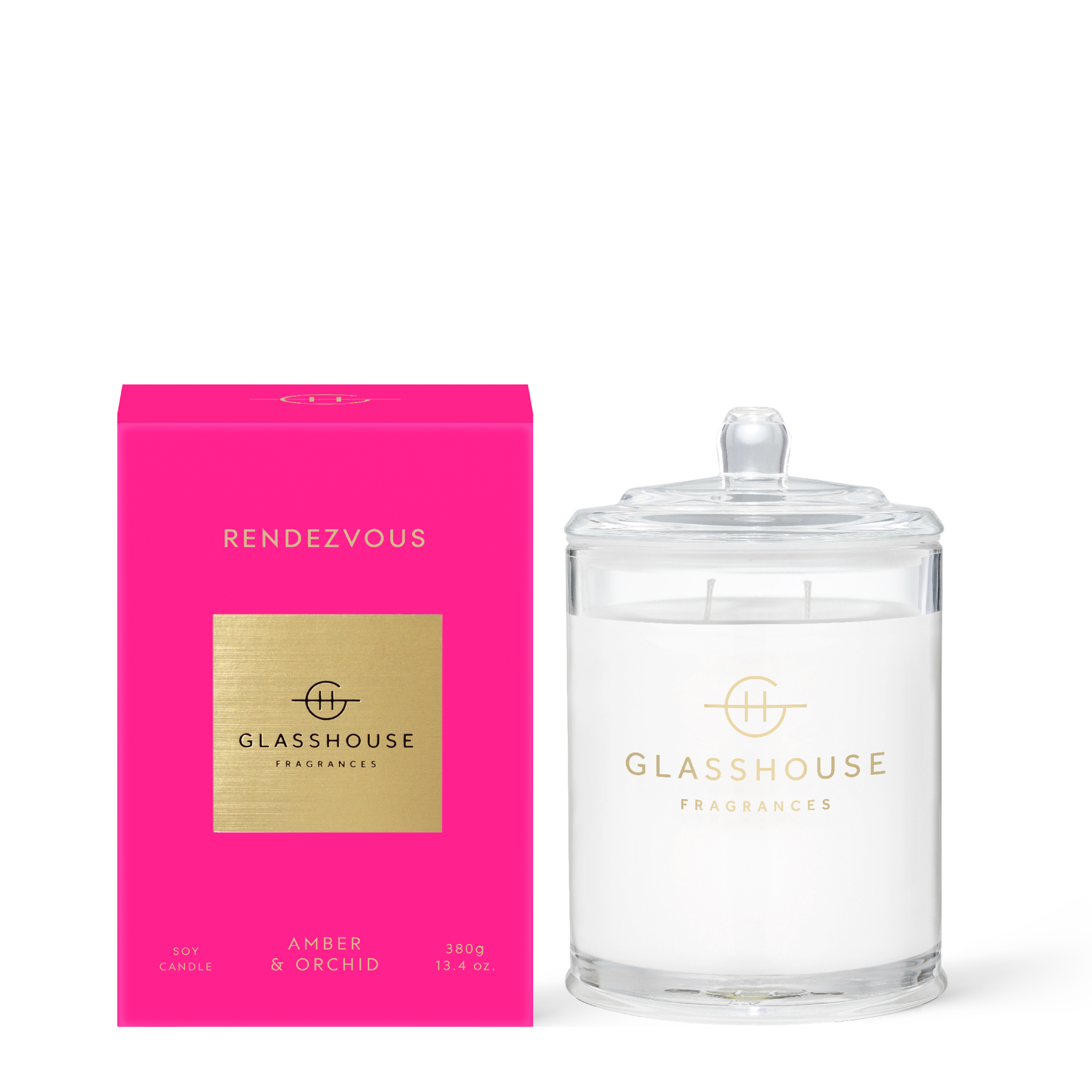 Rendezvous candle in a clear glass jar with white wax.