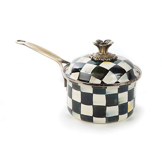 Courtly Check Enamel 1 Quart Saucepan with hand-painted black and white checks and a brass knob.