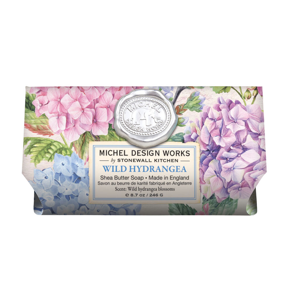Michel Design Works Wild Hydrangea shea butter soap bar with floral print and silver seal.