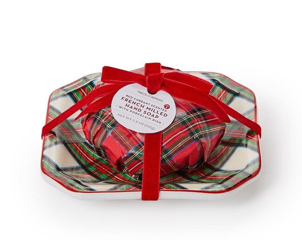 Red currant scented French milled soap wrapped in tartan paper on a matching porcelain tray.