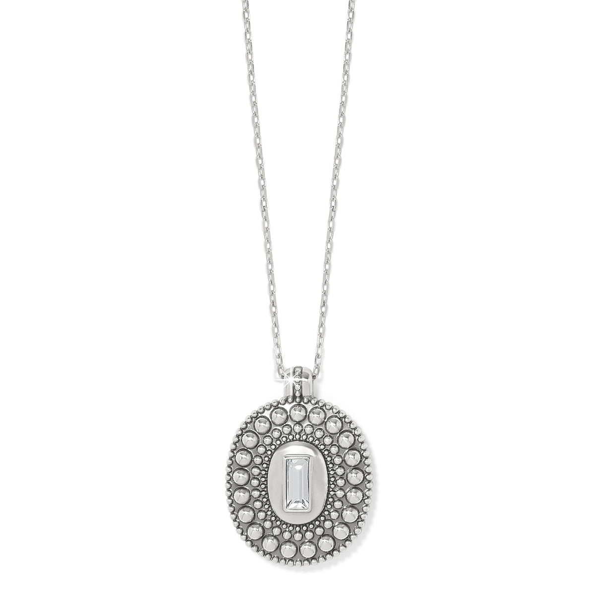 Silver plated adjustable necklace with a hand-set rectangular crystal pendant featuring granulation detailing inspired by Byzantine mosaics.