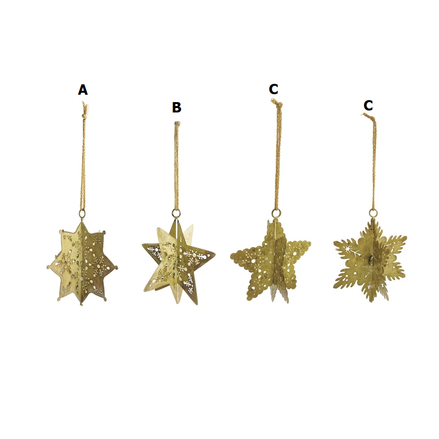 Antique gold metal snowflake ornament with cut-out patterns