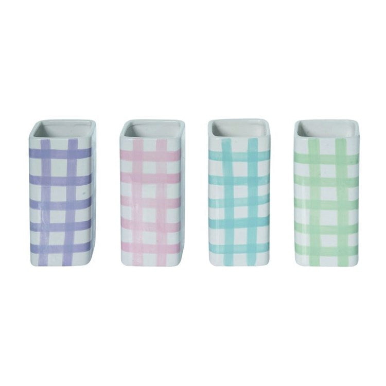 White ceramic vase with black gingham check pattern