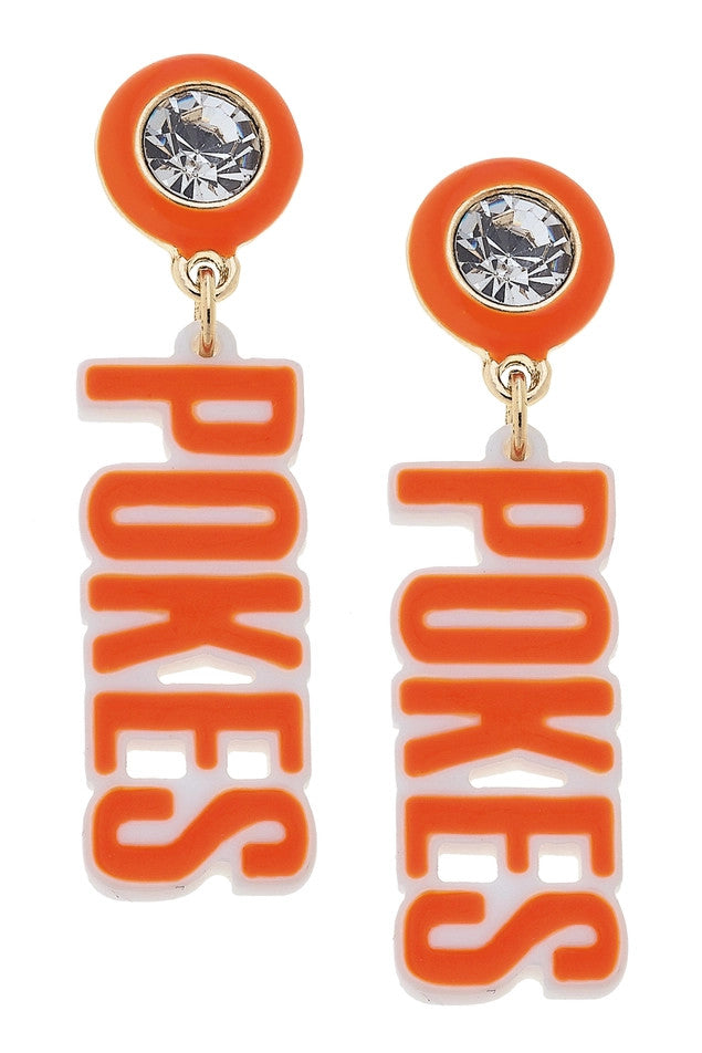 Oklahoma State Cowboys orange resin block letter earrings spelling Pokes with crystal studs.