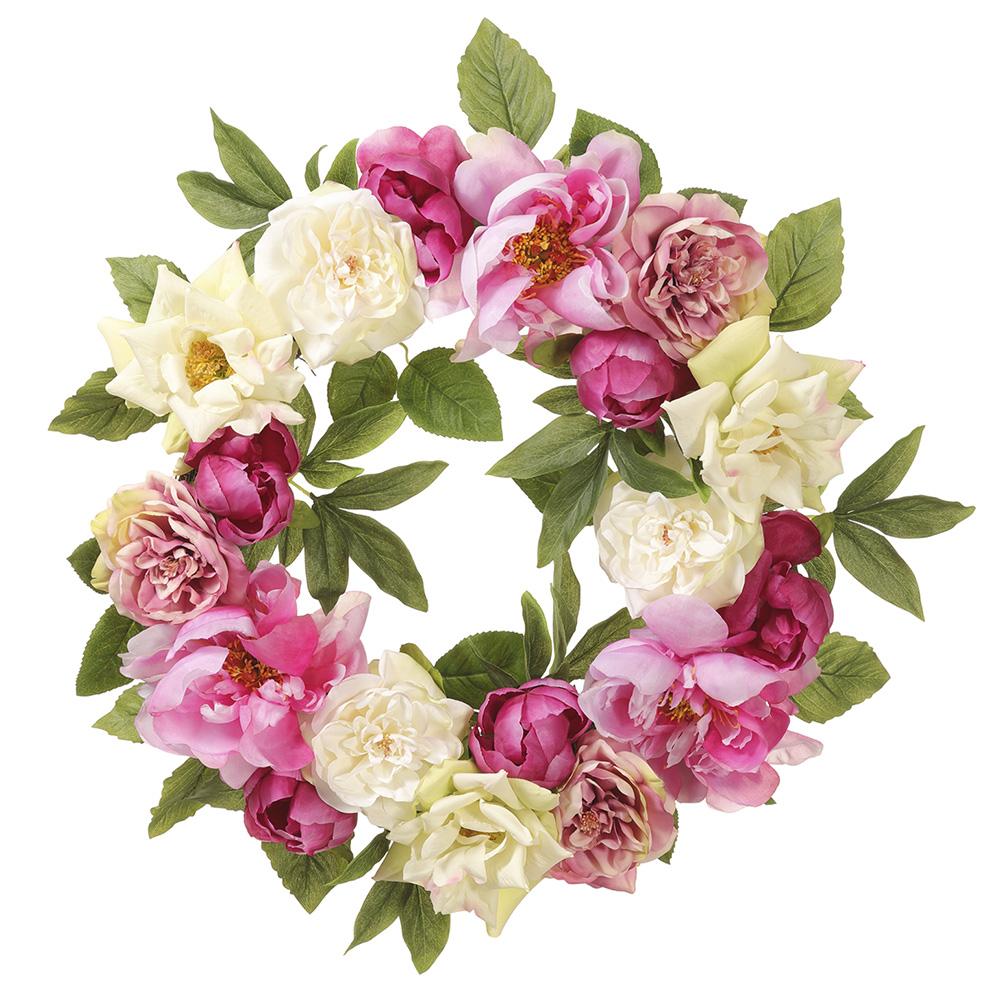 Twenty-inch cream peony wreath with twig accents in a circular shape.