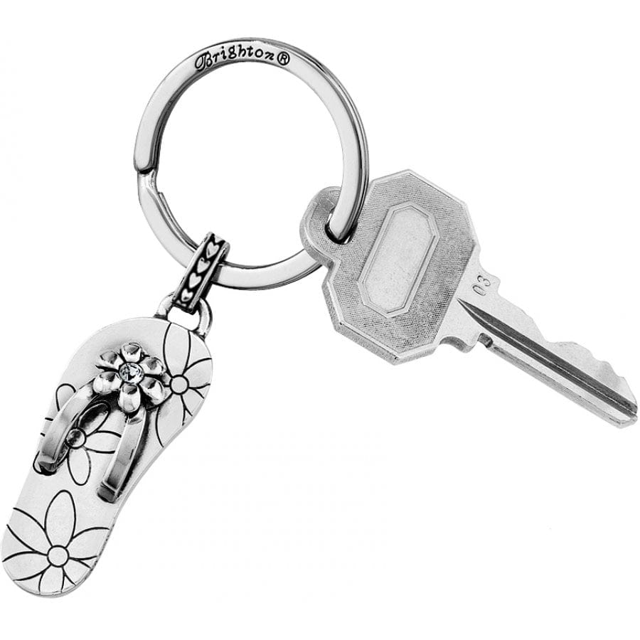 Silver-plated Dixie Key Fob featuring a flip-flop charm with floral details and a crystal center.