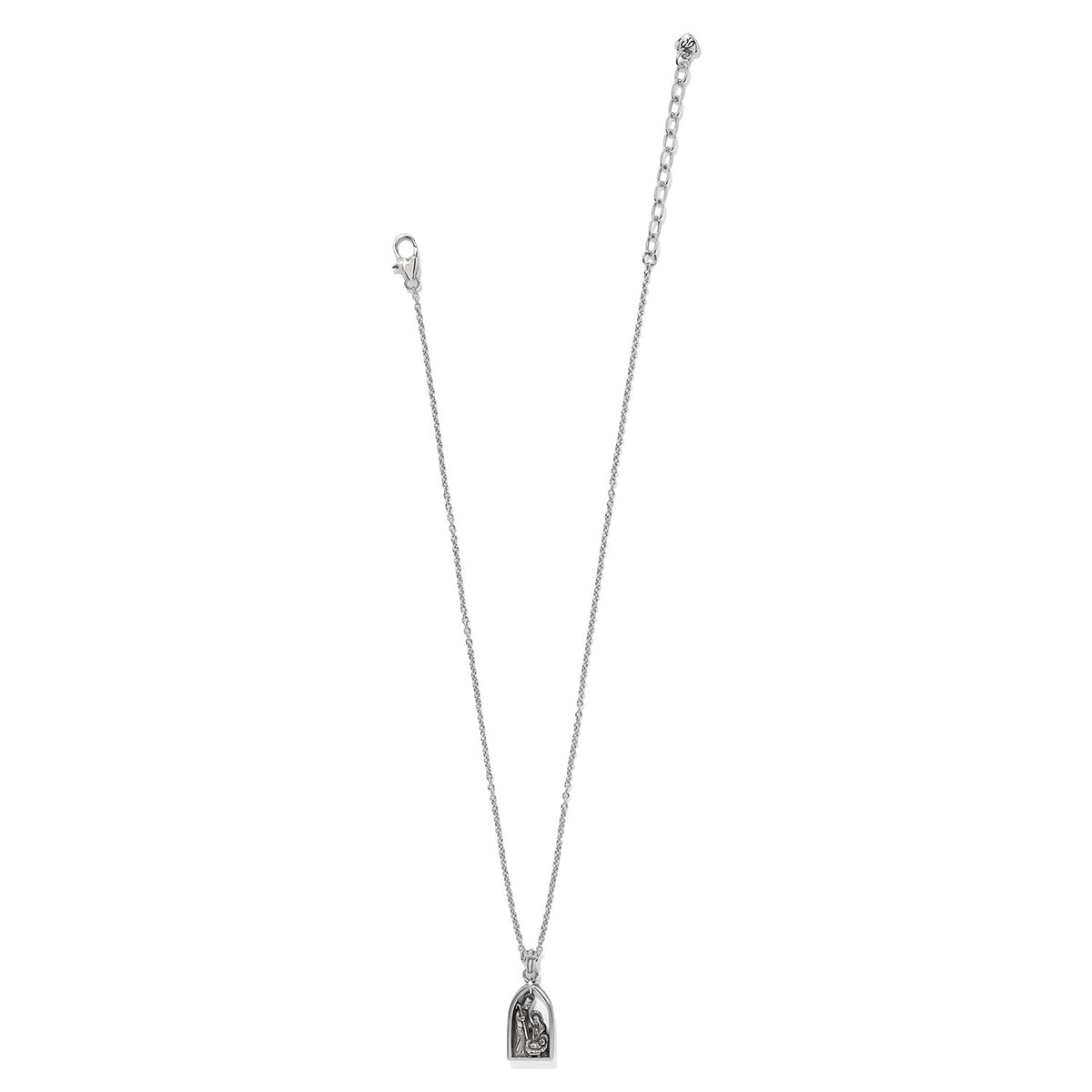 Silver plated Nativity Necklace with an arched pendant on an adjustable lobster claw chain.