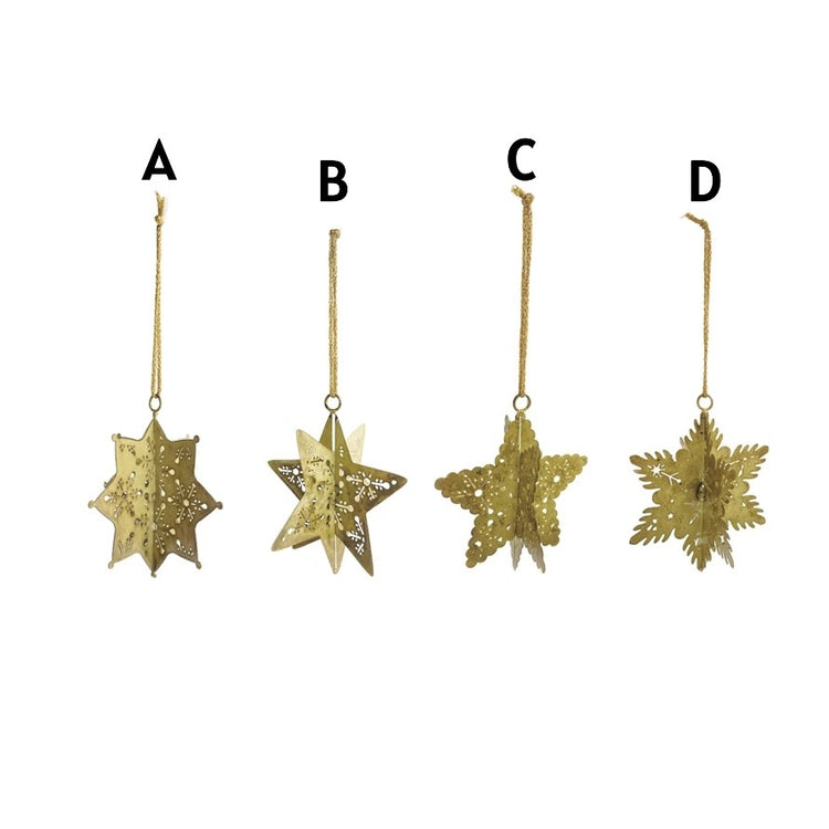 Four metal 3D snowflake ornaments with cut-outs in an antique gold finish, labeled A through D.