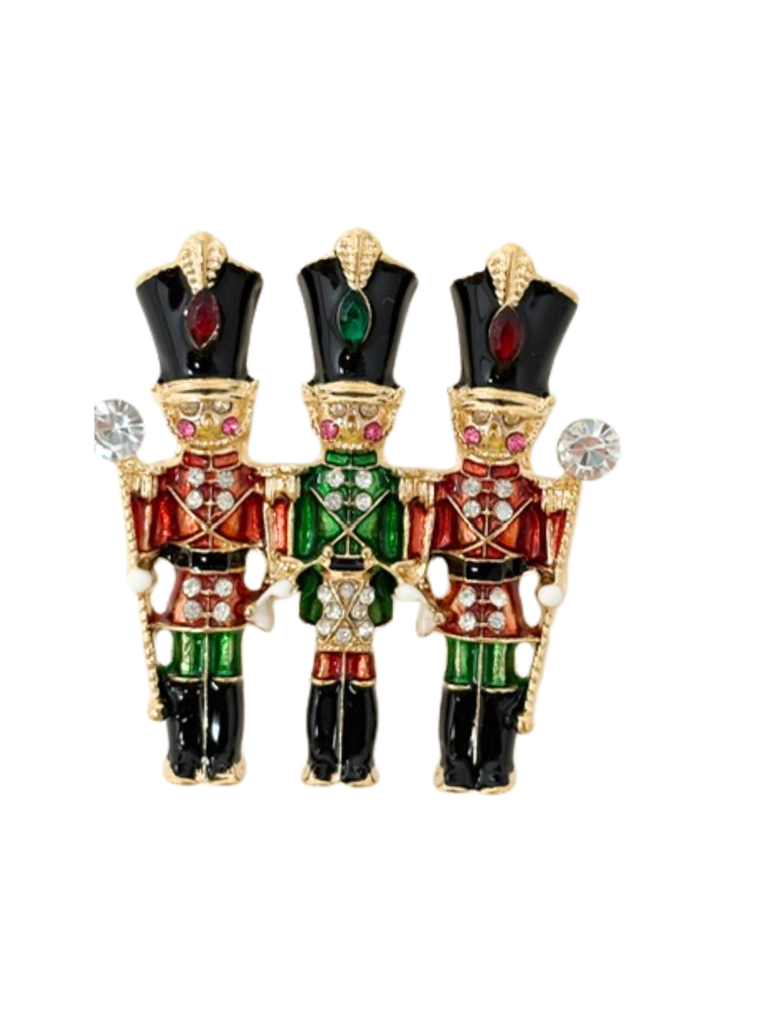 Gold-tone brooch featuring three nutcracker soldiers with colorful enamel and sparkling crystals.