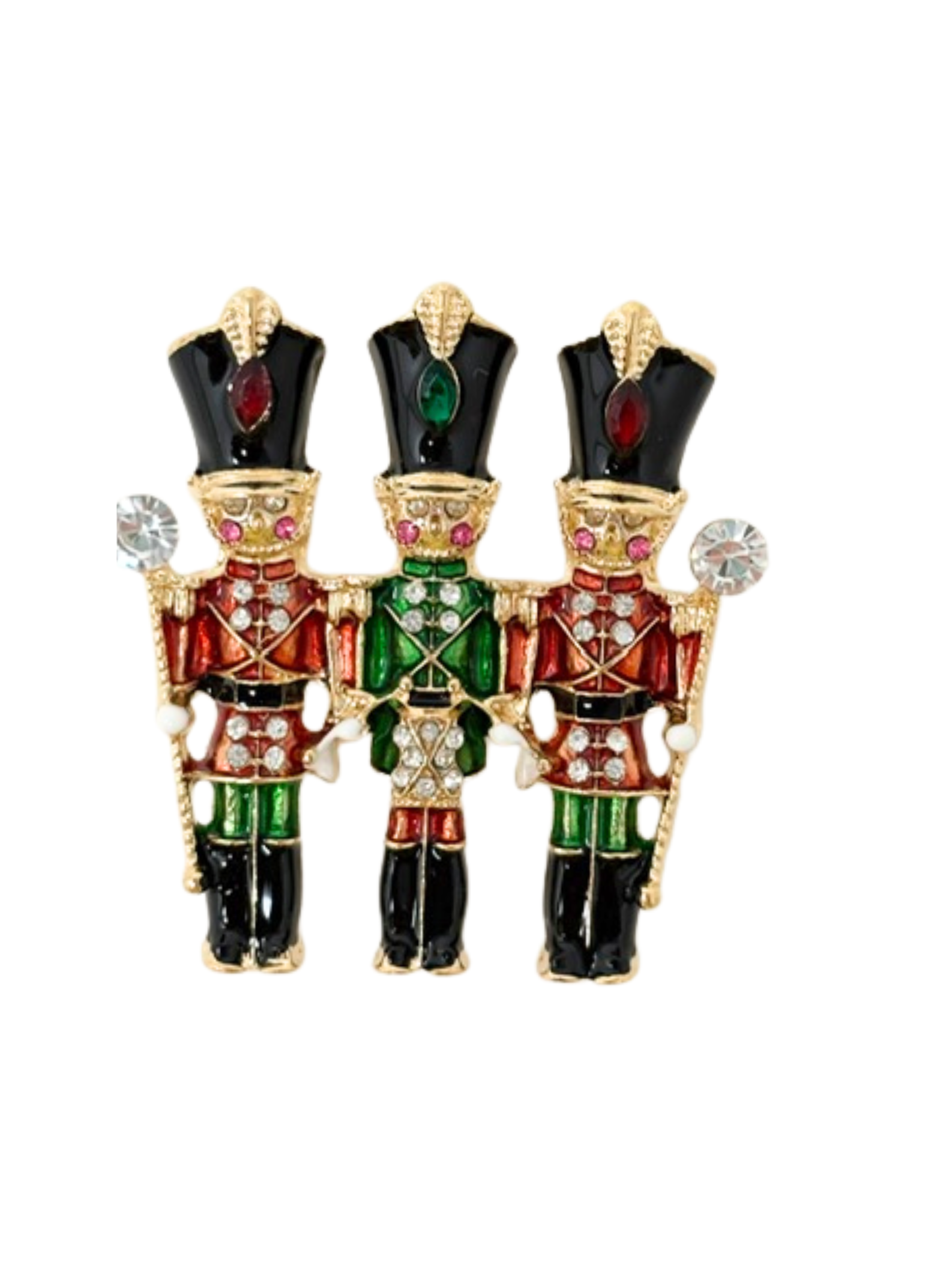 Gold-tone brooch featuring three nutcracker soldiers with colorful enamel and sparkling crystals.