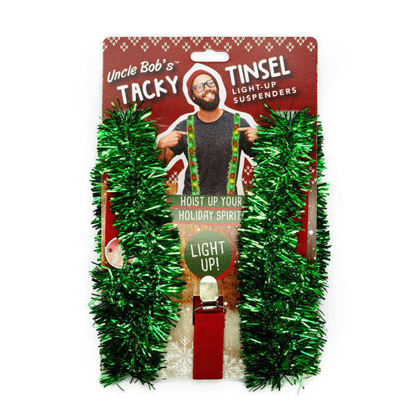 Uncle Bob's Tacky Tinsel Light-Up Suspenders in green tinsel on a red holiday-themed card.