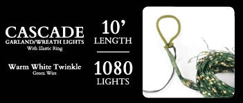 10' Warm White Twinkle Cascade Lights with 1080 lights on green wire and elastic ring.