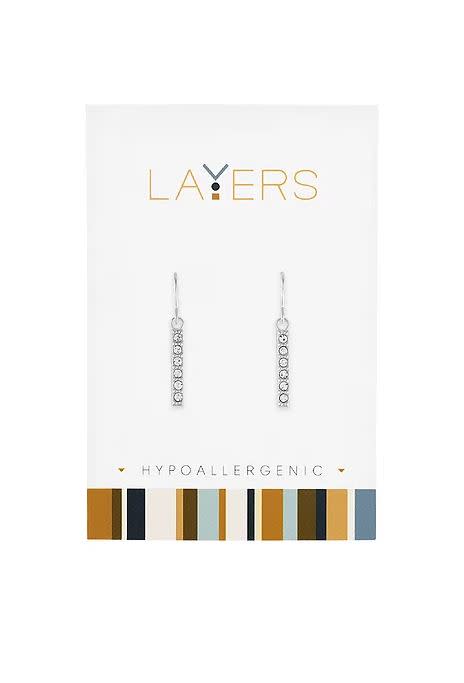 Silver bar dangle layer earrings with clear cubic zirconia stones
