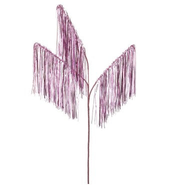 Pink tinsel hanging spray decoration with a full circular silhouette.