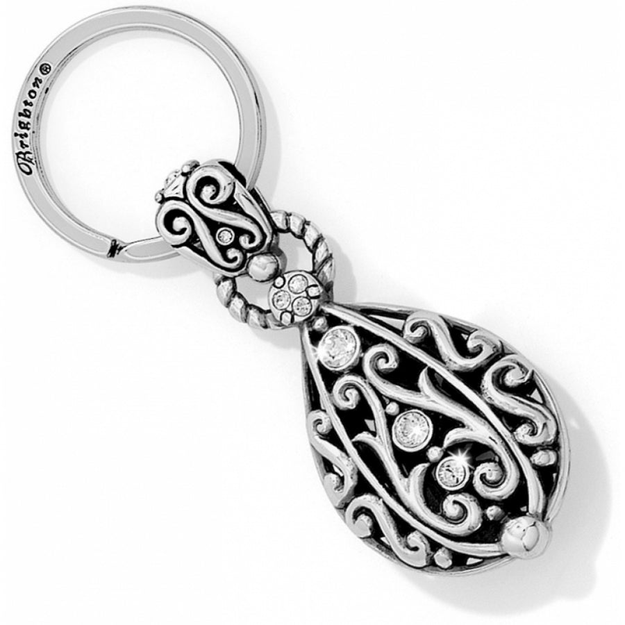 Silver plated scroll-shaped key fob with fine quality crystal accents
