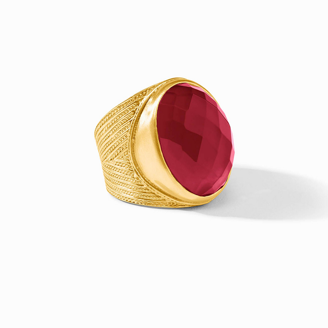 Verona Statement Ring featuring a large rose cut red gemstone on a 24K gold plated chevron shank.