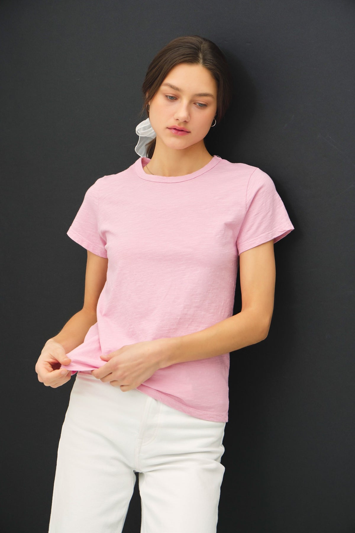 Ginny garment-dyed slub tee in a soft beige cotton with an oversized silhouette and subtle texture.