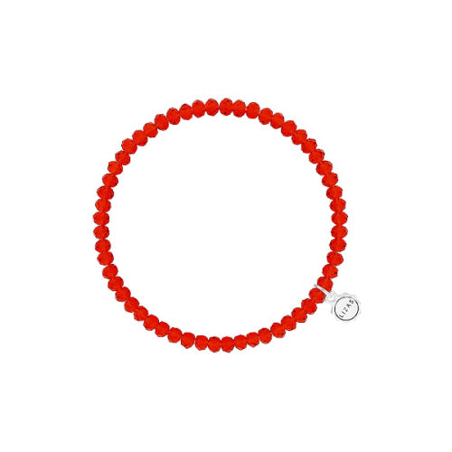 Stretchy beaded bracelet with faceted glass beads in a colorful pattern.