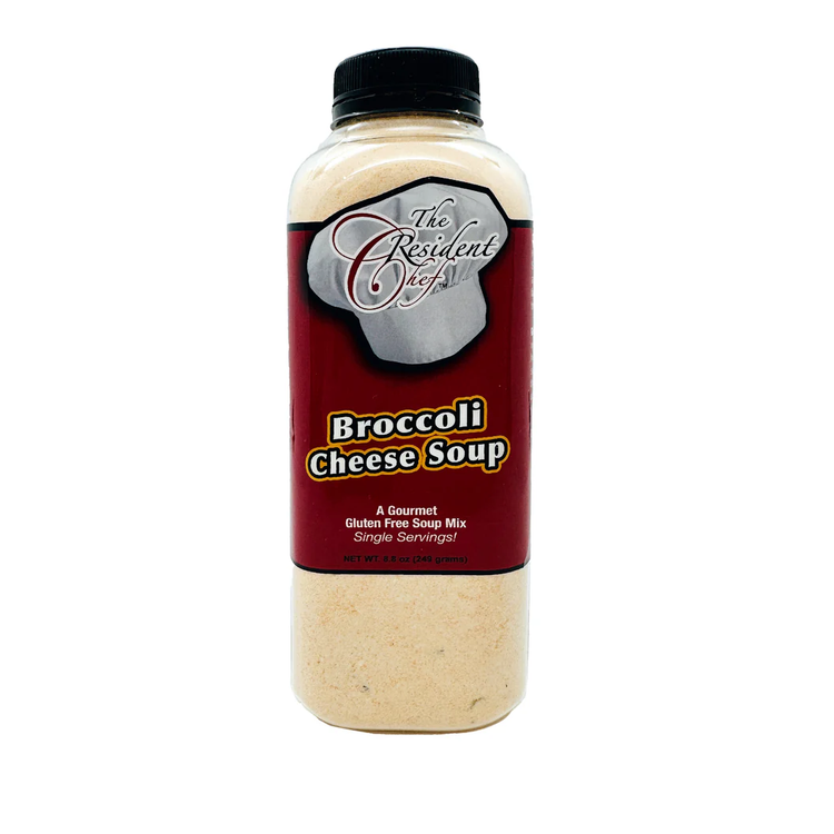The Resident Chef Broccoli Cheese Soup mix in a clear plastic bottle with a red label.
