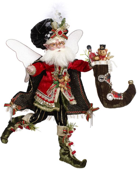 A festive fairy with white wings, wearing a red coat and green boots, holding a brown stocking filled with toys.