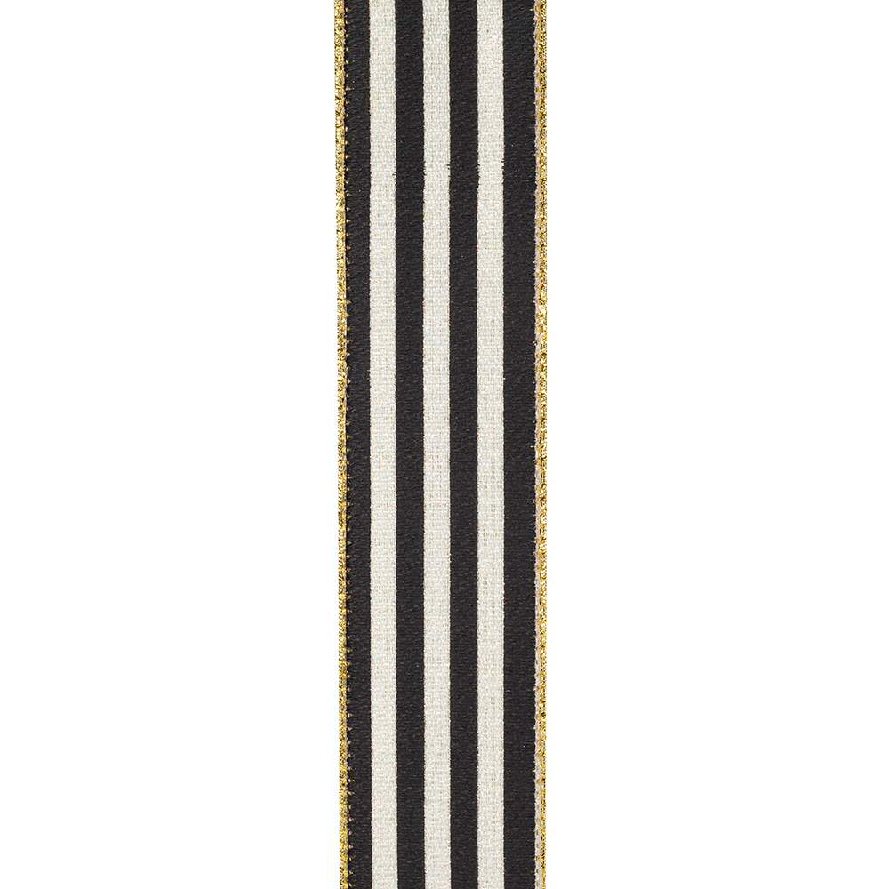 Black and white vertical striped ribbon with gold metallic wired edges.