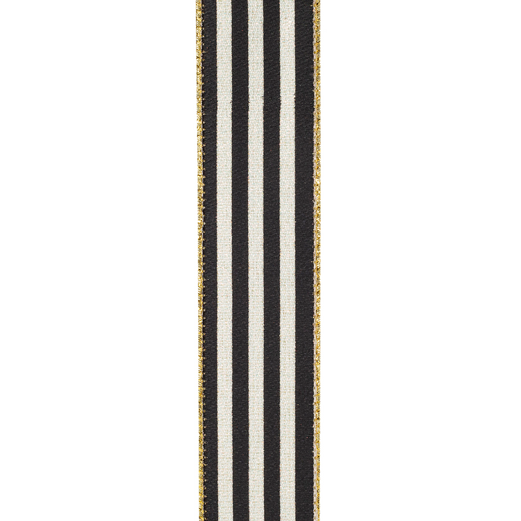 Black and white vertical striped ribbon with gold metallic wired edges.