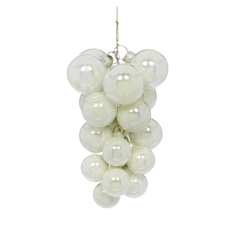 Pearl Grape Cluster Ornament made of lustrous glass spheres hanging from a gold string.