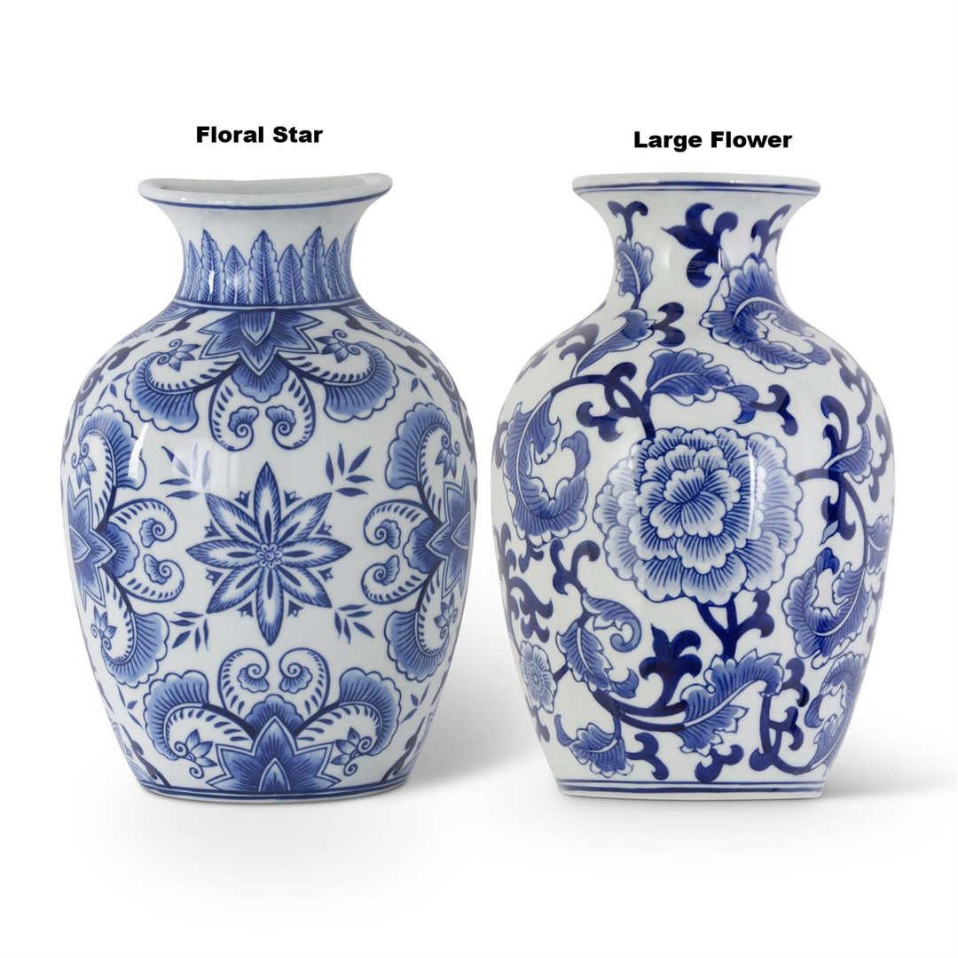 Two blue and white porcelain chinoiserie wall vases in Floral Star and Large Flower patterns.