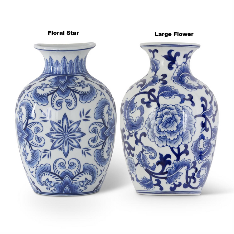 Two blue and white porcelain chinoiserie wall vases in Floral Star and Large Flower patterns.