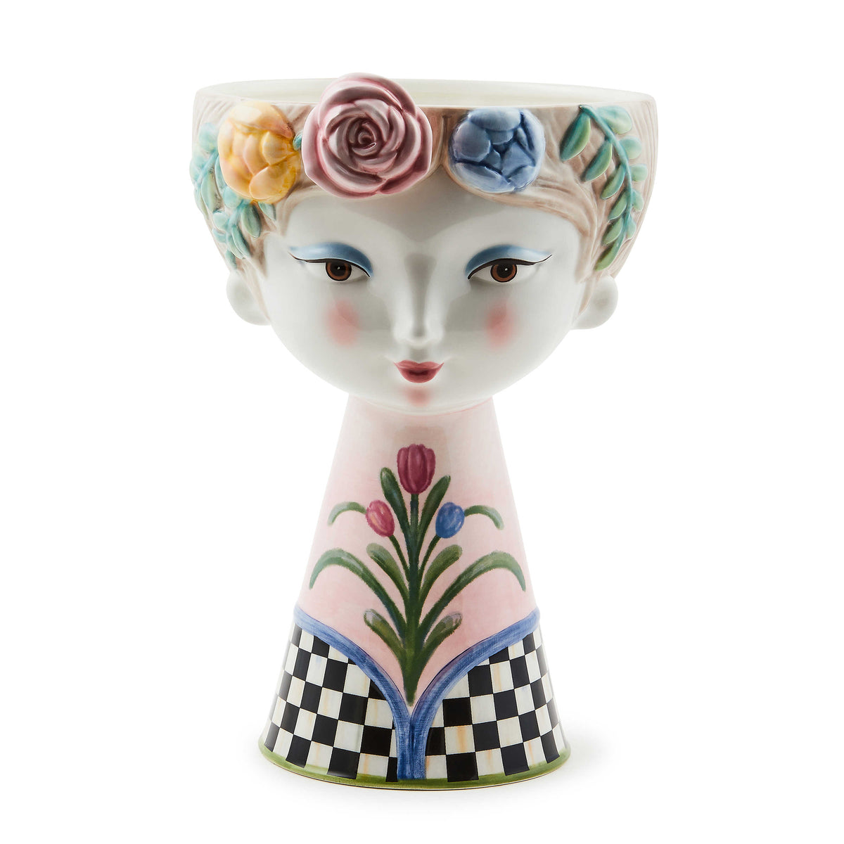 Rosy Meadow Tall Lady Vase made of ceramic with floral crown and checkered base.