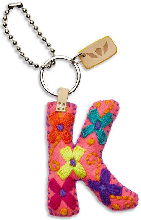 Felt letter charm attached to a metal chain with an eyelet ring