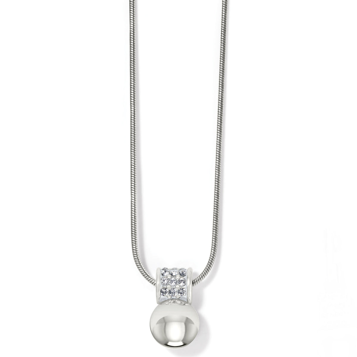 Silver plated adjustable necklace with a half-inch crystal pendant drop.