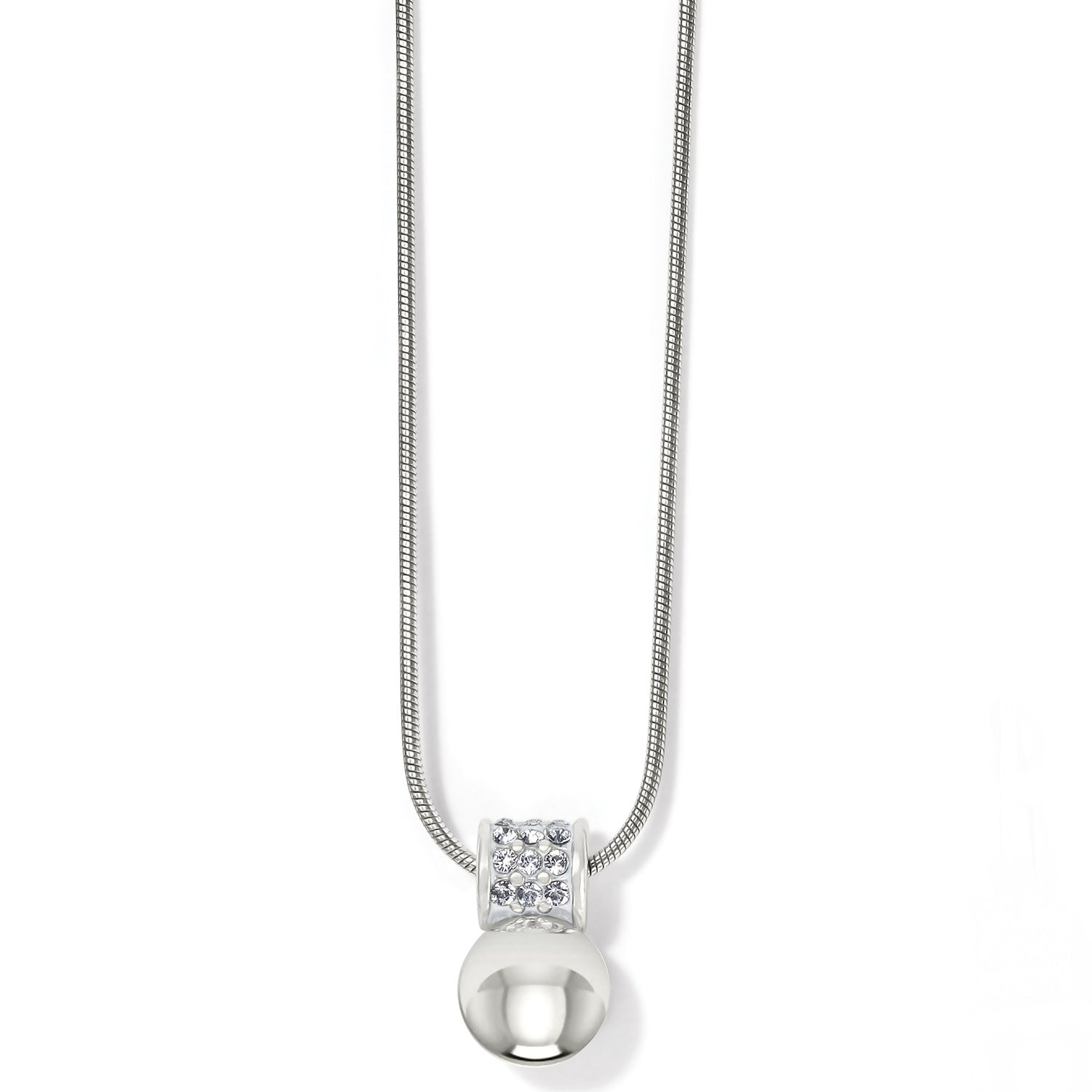 Silver plated adjustable necklace with a half-inch crystal pendant drop.