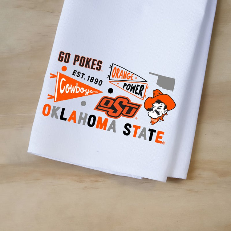 White tea towel with Oklahoma State University graphics including Pistol Pete and 'Go Pokes' text.