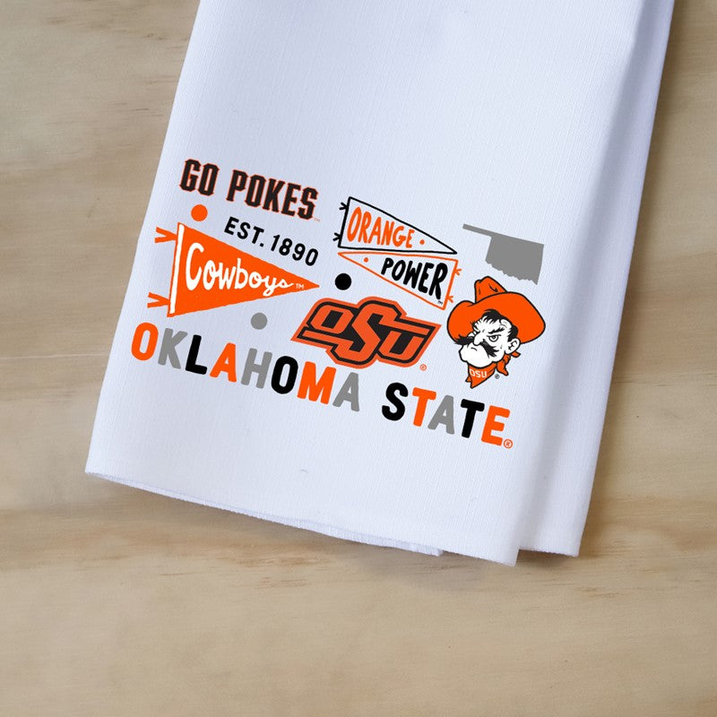 White tea towel with Oklahoma State University graphics including Pistol Pete and 'Go Pokes' text.