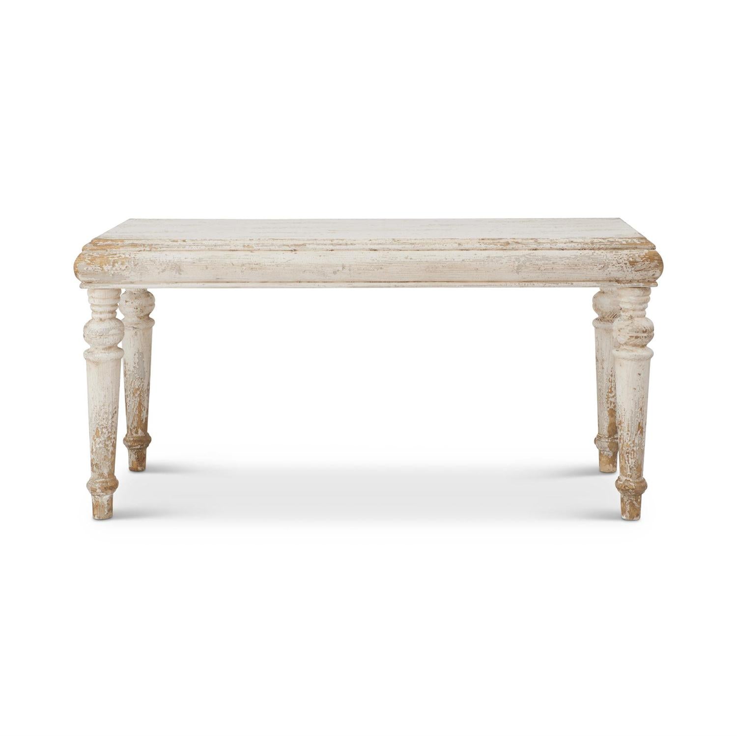Distressed whitewashed fir wood table with gold accents