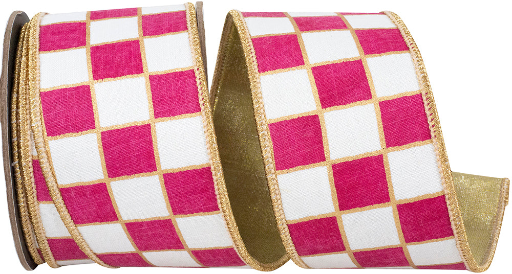 Fuchsia and white checkered wired edge ribbon with gold metallic outlines and backing.