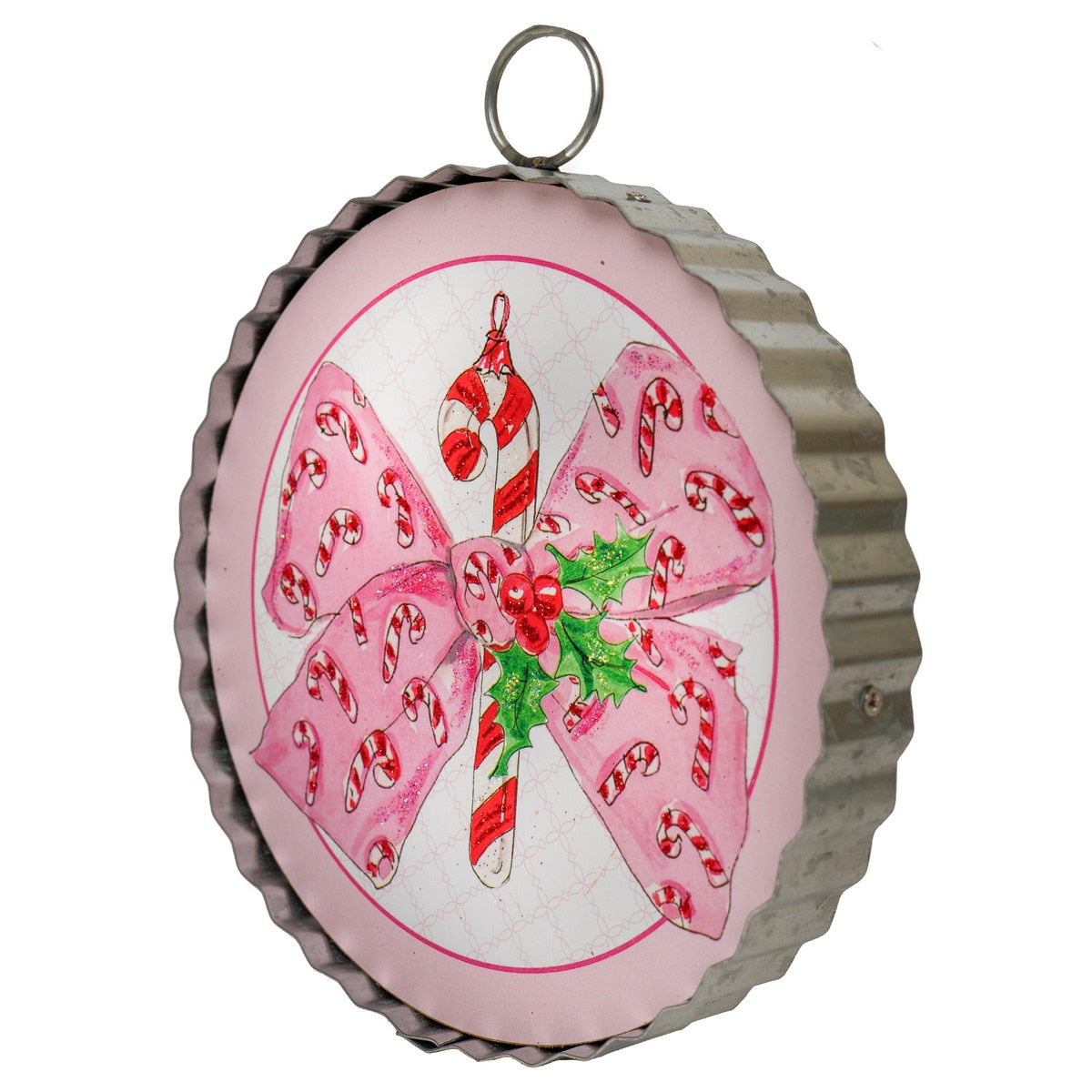Beck's Vintage Candy Cane Bow in red with white stripes designed to hang.