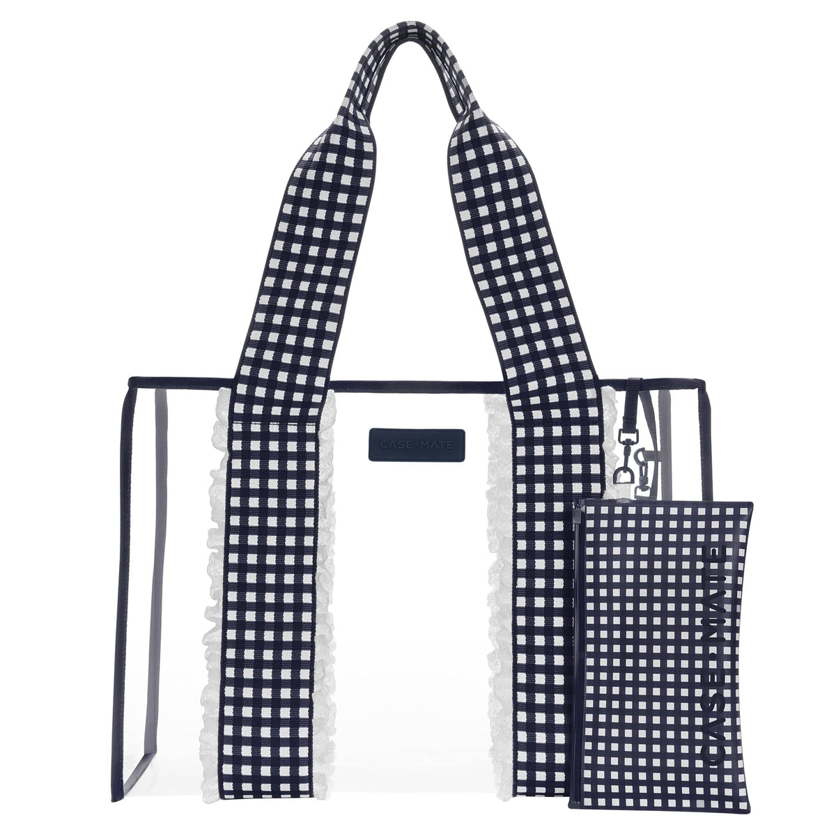 Clear jelly tote bag with navy gingham jacquard straps, eyelet ruffle trim, and matching phone pouch.