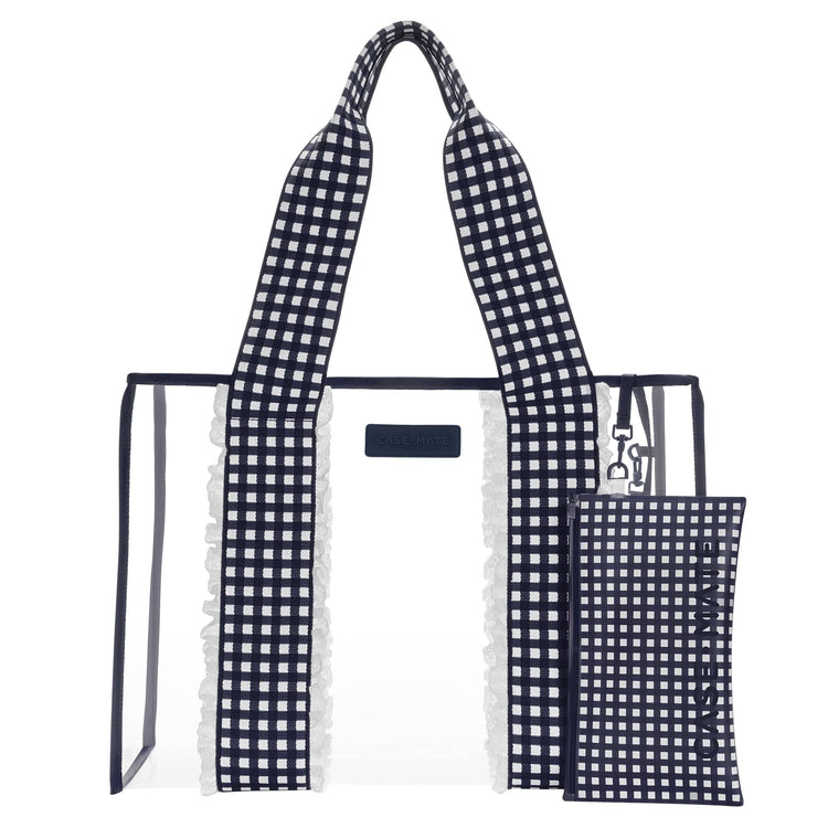 Clear jelly tote bag with navy gingham jacquard straps, eyelet ruffle trim, and matching phone pouch.