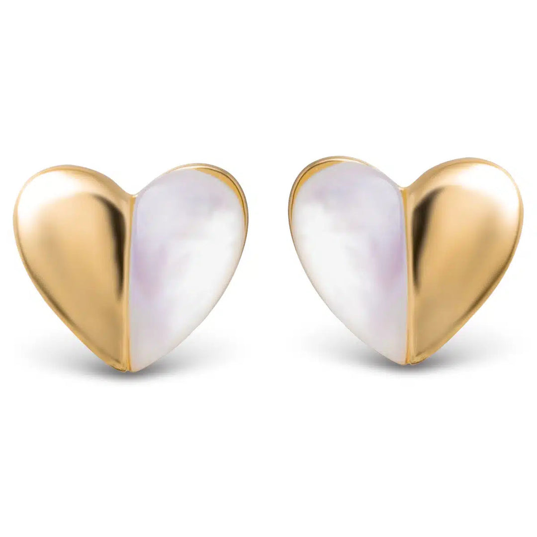 Pair of gold heart stud earrings featuring a split design with luminous white mother of pearl.