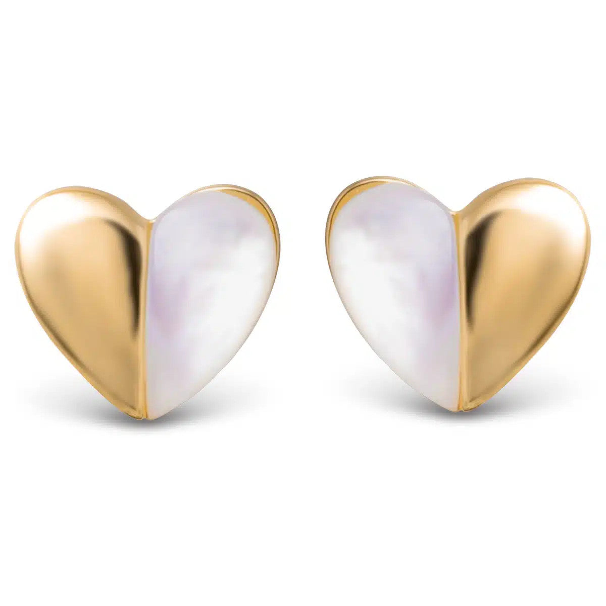 Pair of gold heart stud earrings featuring a split design with luminous white mother of pearl.