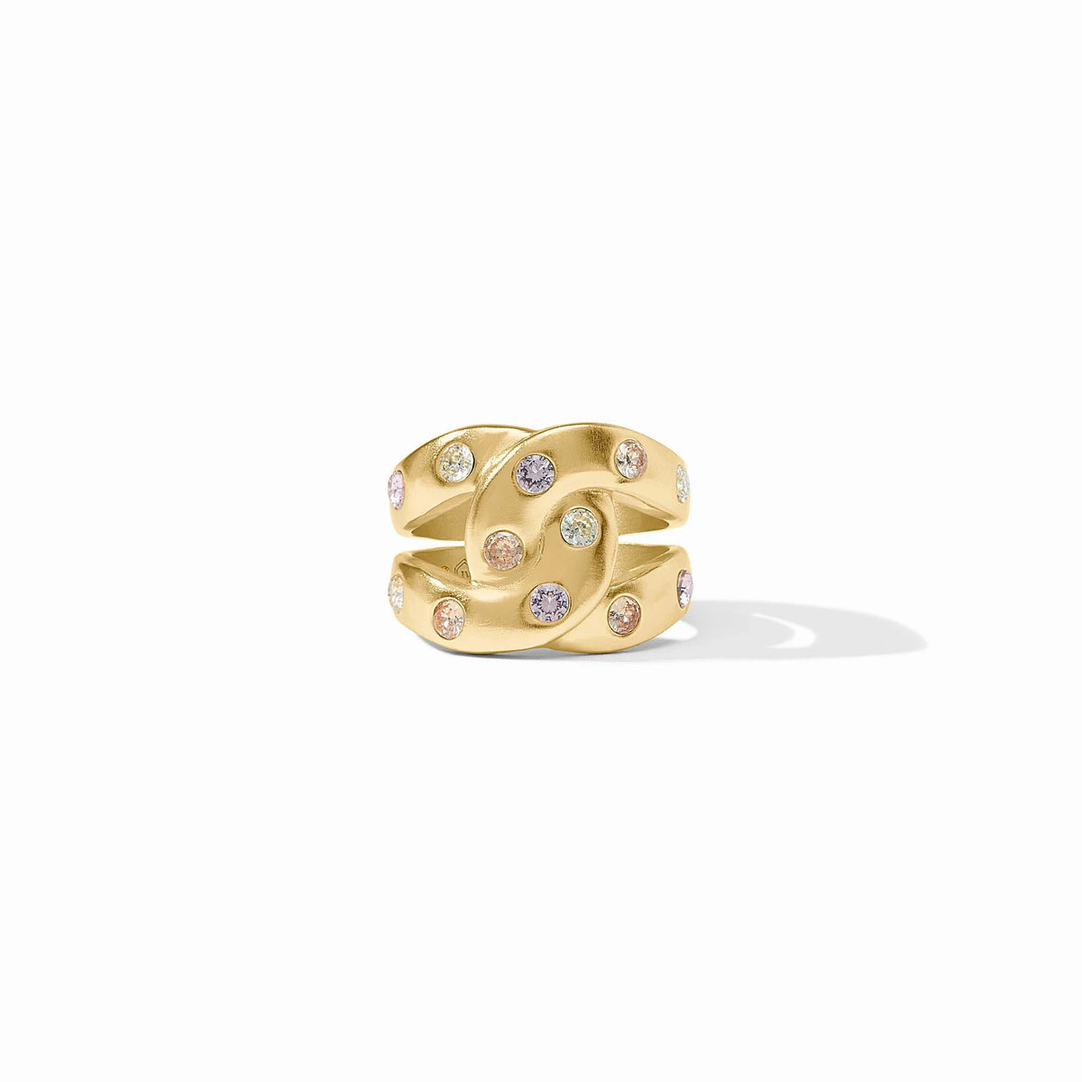 Rainbow infinity ring with a colorful gradient band featuring clear cubic zirconia stones on gold-tone metal.